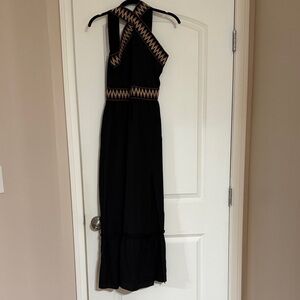 Black Maxi Halter Dress with Embroidered Trim